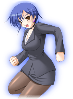 1girl banshiryuu black_choker black_suit black_vest blue_hair brown_eyes brown_pantyhose business_suit choker earrings game_cg jewelry long_sleeves lowres milia_(seihou) non-web_source open_mouth pantyhose seihou shirt short_hair skirt suit third-party_source transparent_background vest white_shirt