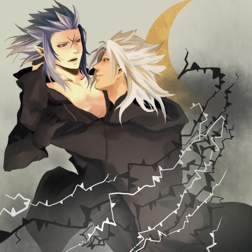 2boys bishounen black_coat black_coat_(kingdom_hearts) black_gloves blue_hair coat collarbone commentary_request crescent cross_scar facing_to_the_side furrowed_brow gloves grey_background grey_hair grin hand_in_another's_hair hand_on_another's_arm hand_on_another's_head hood hooded_coat kingdom_hearts kingdom_hearts_ii leaning_back long_coat looking_at_another male_focus medium_hair minatoya_mozuku multiple_boys open_mouth organization_xiii partially_unzipped pectorals pointy_ears saix scar scar_on_face sidelocks smile spiked_hair upper_body xemnas yaoi yellow_eyes
