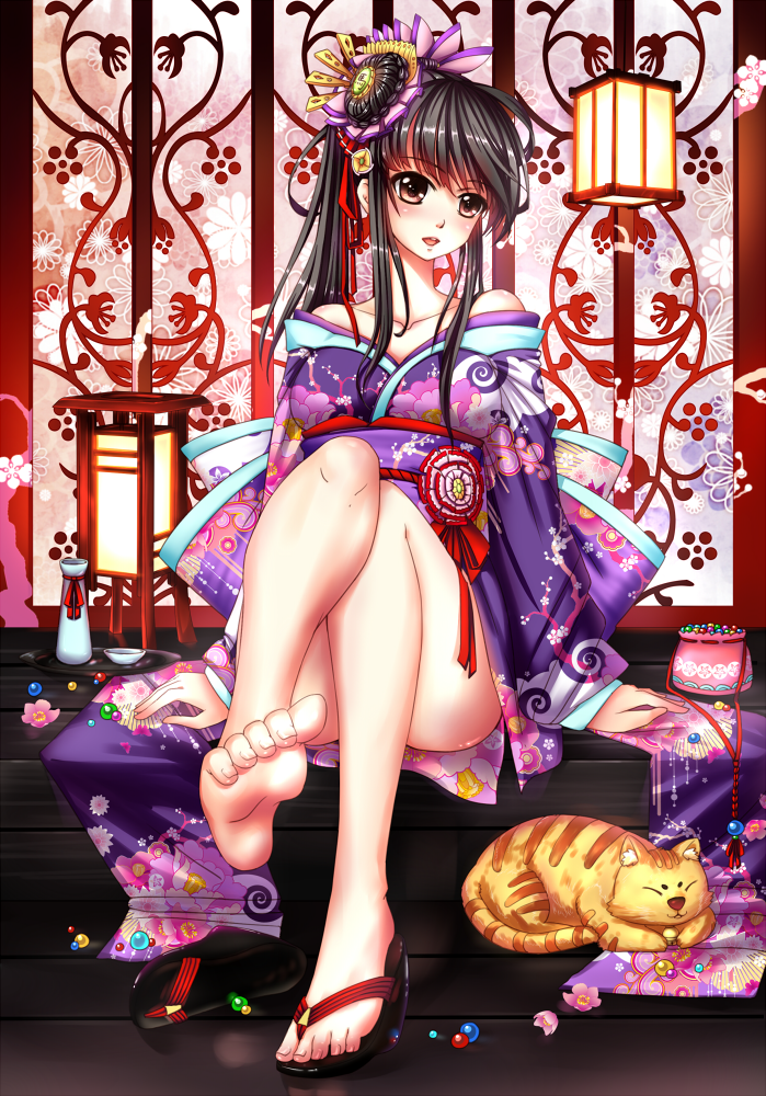 bare_shoulders barefoot black_hair brown_eyes cat feet firebate japanese_clothes kimono legs long_hair original ponytail sandals shoes single_shoe sitting smile solo toes