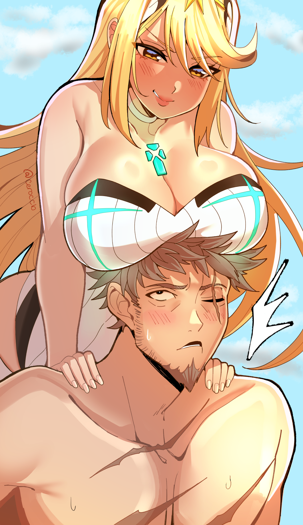 1boy 1girl bare_shoulders blonde_hair blush breast_focus breasts ceroccb chest_jewel cleavage collarbone core_crystal_(xenoblade) couple facial_hair gem hair_ornament headpiece hetero highres huge_breasts husband_and_wife jewelry large_breasts large_pectorals long_hair mature_male mythra_(radiant_beach)_(xenoblade) mythra_(xenoblade) one-piece_swimsuit open_mouth pectorals rex_(xenoblade) scar scar_across_eye shiny_skin short_hair smile spiked_hair strapless strapless_one-piece_swimsuit sweatdrop swept_bangs swimsuit tsundere very_long_hair white_one-piece_swimsuit xenoblade_chronicles_(series) xenoblade_chronicles_2 xenoblade_chronicles_3 xenoblade_chronicles_3:_future_redeemed yellow_eyes