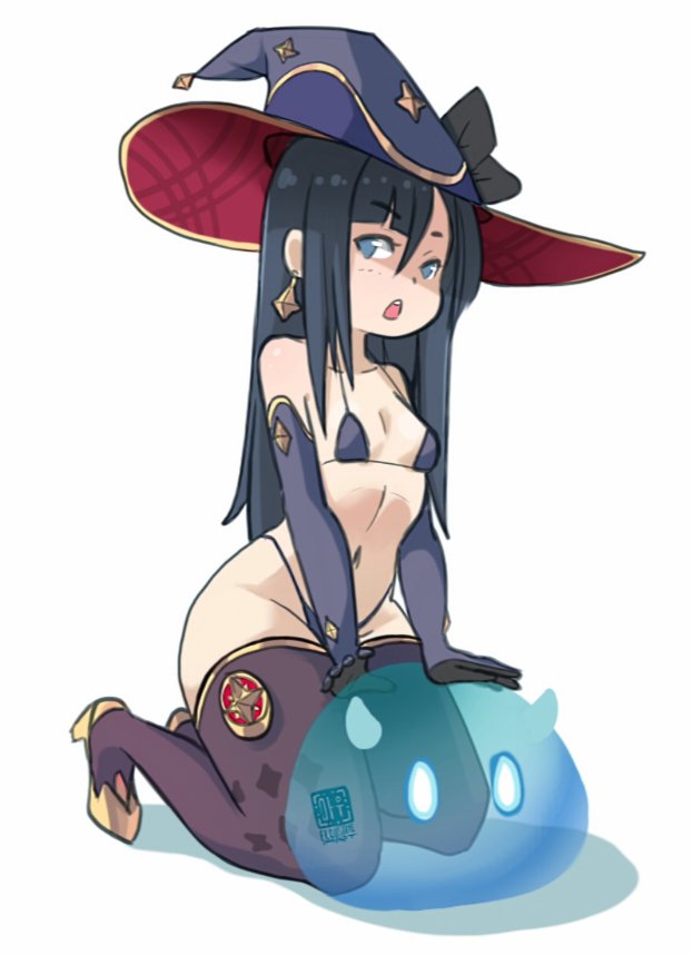 1girl bikini black_hair black_thighhighs blue_eyes detached_sleeves earrings elquijotedraws flat_chest genshin_impact hat high_heels horns jewelry long_hair looking_to_the_side micro_bikini mona_(genshin_impact) navel open_mouth signature single_earring slime_(substance) swimsuit thighhighs witch_hat