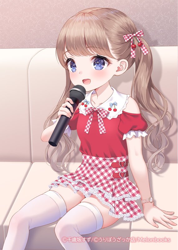 1girl blue_eyes brown_hair chitosezaka_suzu commentary couch hair_bobbles hair_ornament holding holding_microphone long_hair microphone miniskirt music open_mouth original plaid plaid_skirt red_shirt ribbon shirt short_sleeves singing sitting skindentation skirt smile solo symbol-only_commentary thighhighs thighs twintails watch wavy_hair white_thighhighs wristwatch zettai_ryouiki