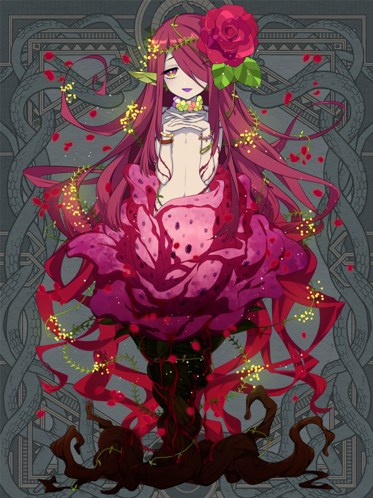 1girl :d bracelet colored_tongue dairoku_ryouhei flat_chest flower flower_necklace full_body gradient_hair grey_background hair_flower hair_ornament hair_over_one_eye interlocked_fingers jewelry l_(matador) leaf long_hair long_pointy_ears looking_at_viewer monster_girl multicolored_hair own_hands_together petals pink_eyes pink_flower pink_hair pink_rose plant plant_girl pointy_ears purple_tongue red_flower red_hair red_rose roots rose smile solo straight-on tareme topless very_long_hair vines wavy_hair yellow_flower