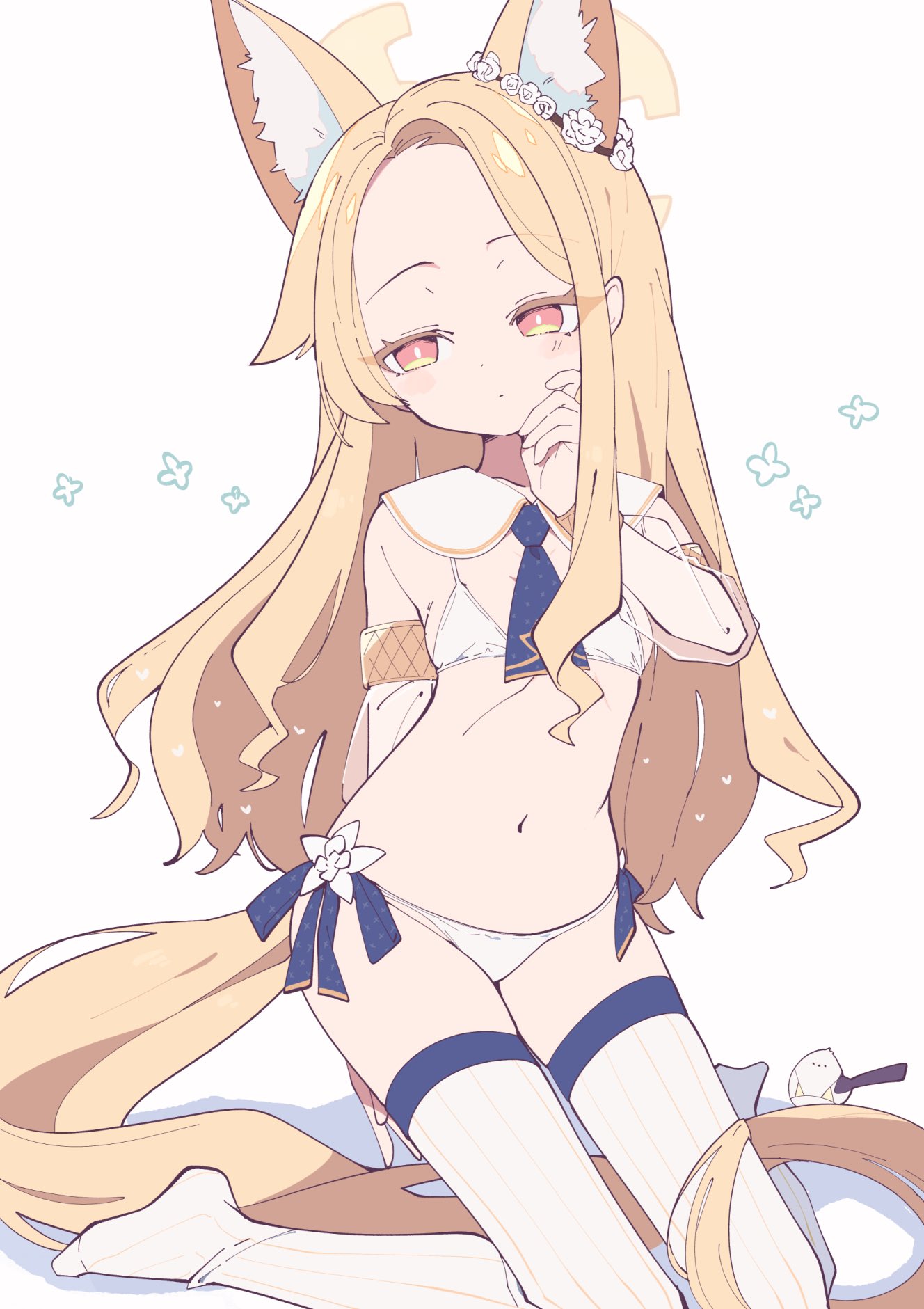 1girl alternate_costume animal_ear_fluff animal_ears ascot averting_eyes bikini blonde_hair blue_archive blue_ascot closed_mouth collarbone commentary detached_sleeves extra_ears flat_chest forehead fox_ears fox_girl halo highres kneeling long_hair looking_to_the_side mzh navel no_shoes red_eyes sailor_collar see-through see-through_sleeves seia_(blue_archive) simple_background solo striped_clothes striped_thighhighs swimsuit thighhighs vertical-striped_clothes vertical-striped_thighhighs white_background white_bikini white_sailor_collar white_thighhighs yellow_halo