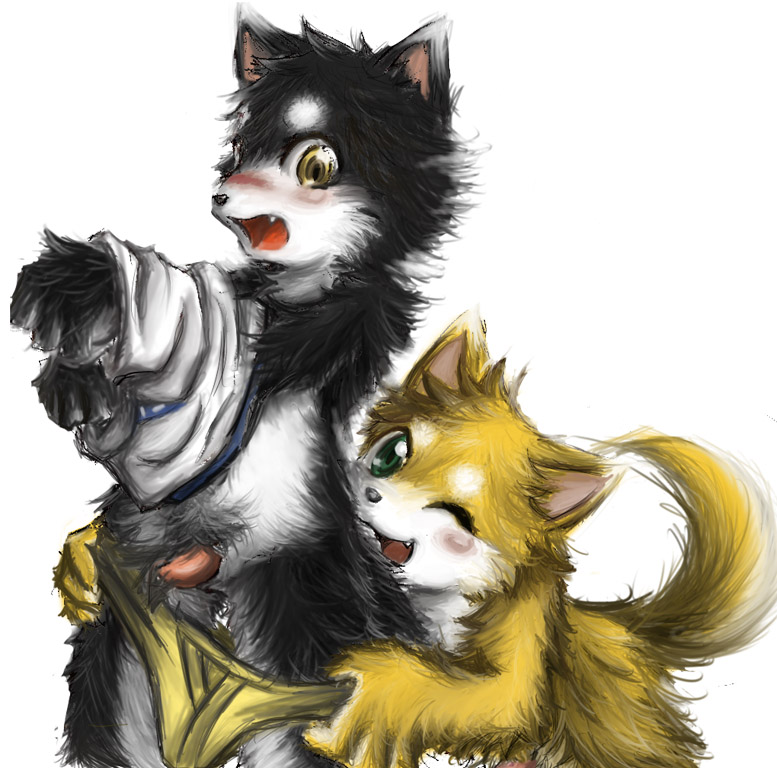 canine cerb0980 clothing cub cute duo fur gay green_eyes kemono male mammal open_mouth penis pixiv plain_background teeth underwear undressing white_background yellow_eyes yellow_fur young