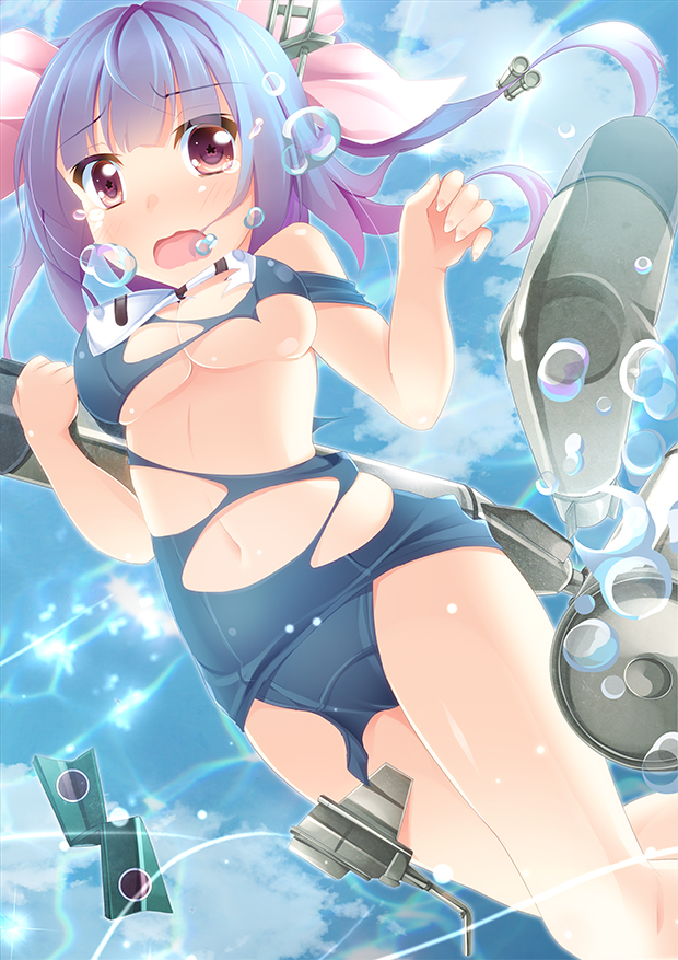 blue_hair blush breasts hair_ornament hair_ribbon i-19_(kantai_collection) kantai_collection long_hair medium_breasts navel one-piece_swimsuit open_mouth red_eyes ribbon school_swimsuit sekine_irie solo star star-shaped_pupils swimsuit symbol-shaped_pupils torn_clothes twintails wardrobe_malfunction wavy_mouth