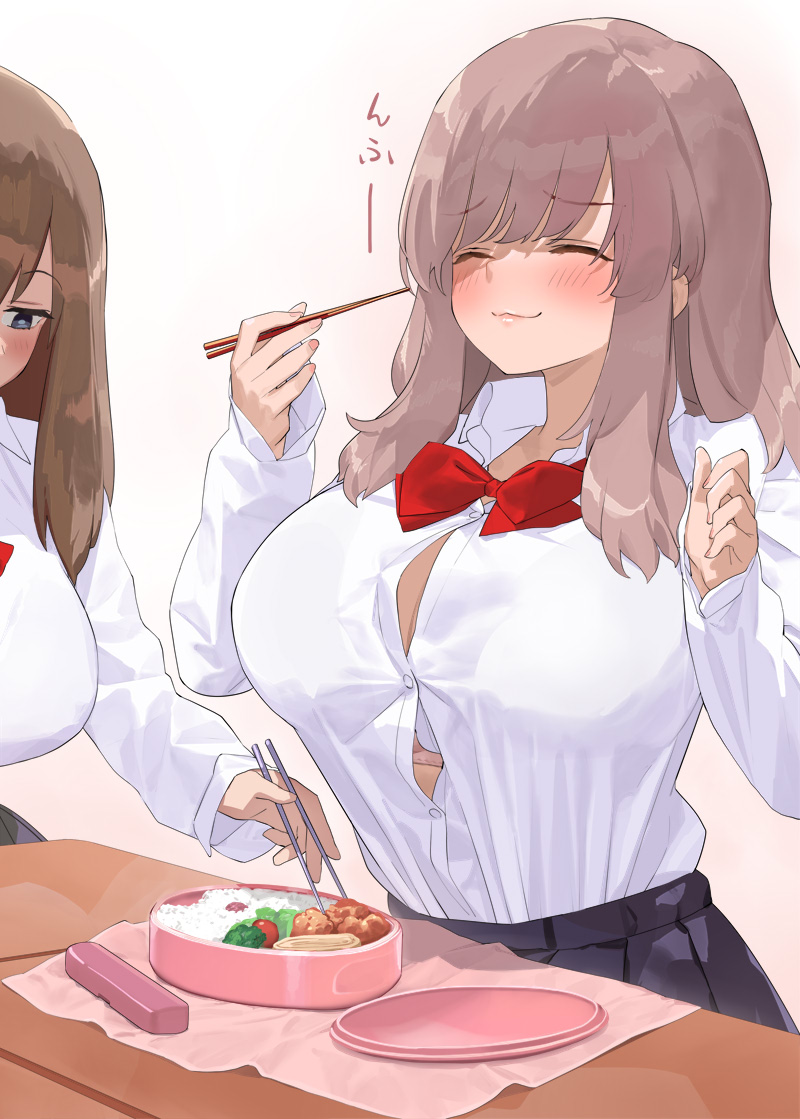 2girls blush bow bowtie breasts brown_hair button_gap chopsticks closed_eyes closed_mouth collared_shirt eating food holding holding_chopsticks kaisen_chuui large_breasts long_sleeves medium_hair multiple_girls original red_bow red_bowtie school_uniform shirt solo_focus white_shirt