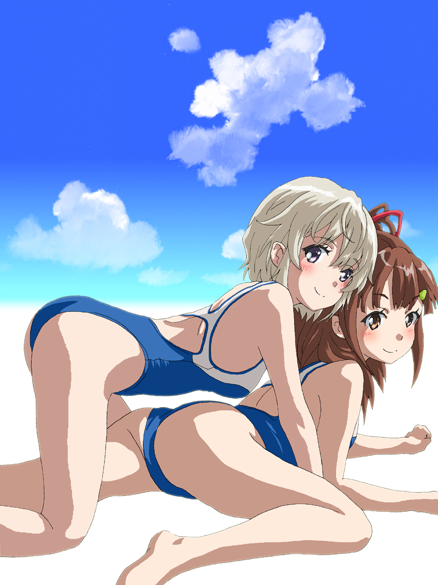 2girls all_fours barefoot blue_one-piece_swimsuit blue_sky brown_eyes brown_hair cloud competition_swimsuit feet_out_of_frame hal-py high_school_fleet highres irizaki_mei long_hair looking_at_viewer multiple_girls one-piece_swimsuit ponytail school_swimsuit short_hair sky swimsuit tateishi_shima two-tone_swimsuit white_hair