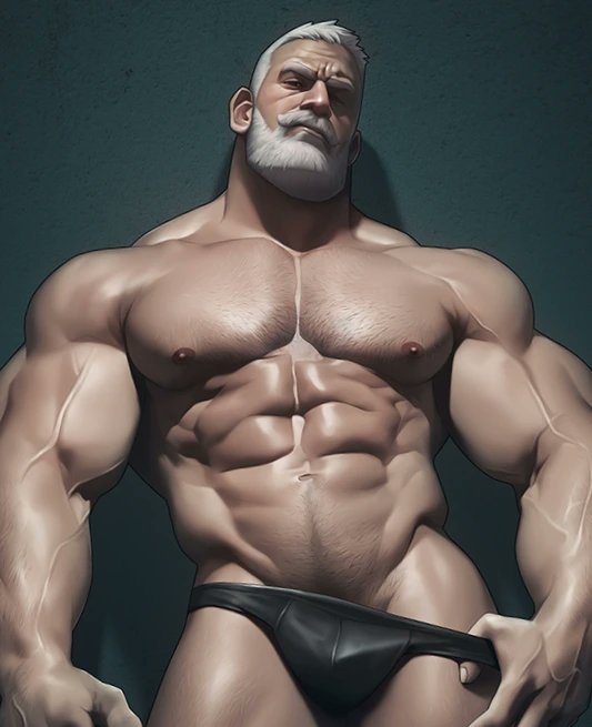 1boy abs bara beard black_male_underwear briefs bulge come_hither facial_hair full_beard groin hairy hat head_tilt large_pectorals leather_underwear legs_together looking_at_viewer male_focus male_pubic_hair male_underwear male_underwear_pull mature_male muscular muscular_male navel navel_hair nipples old old_man original paid_reward_available peaked_cap pectorals pubic_hair pulled_by_self short_hair silverjow solo sparse_arm_hair sparse_chest_hair sparse_leg_hair sparse_navel_hair spotlight stomach strongman_waist thick_beard thick_eyebrows thick_neck thick_thighs thighs topless_male ulric_(silverjow) underwear veins veiny_arms