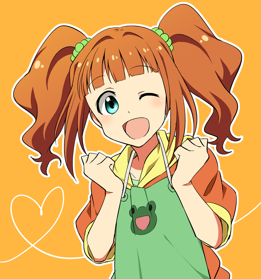 apron aqua_eyes frog idolmaster idolmaster_(classic) looking_at_viewer one_eye_closed open_mouth orange_hair solo takatsuki_yayoi twintails utakata_masara