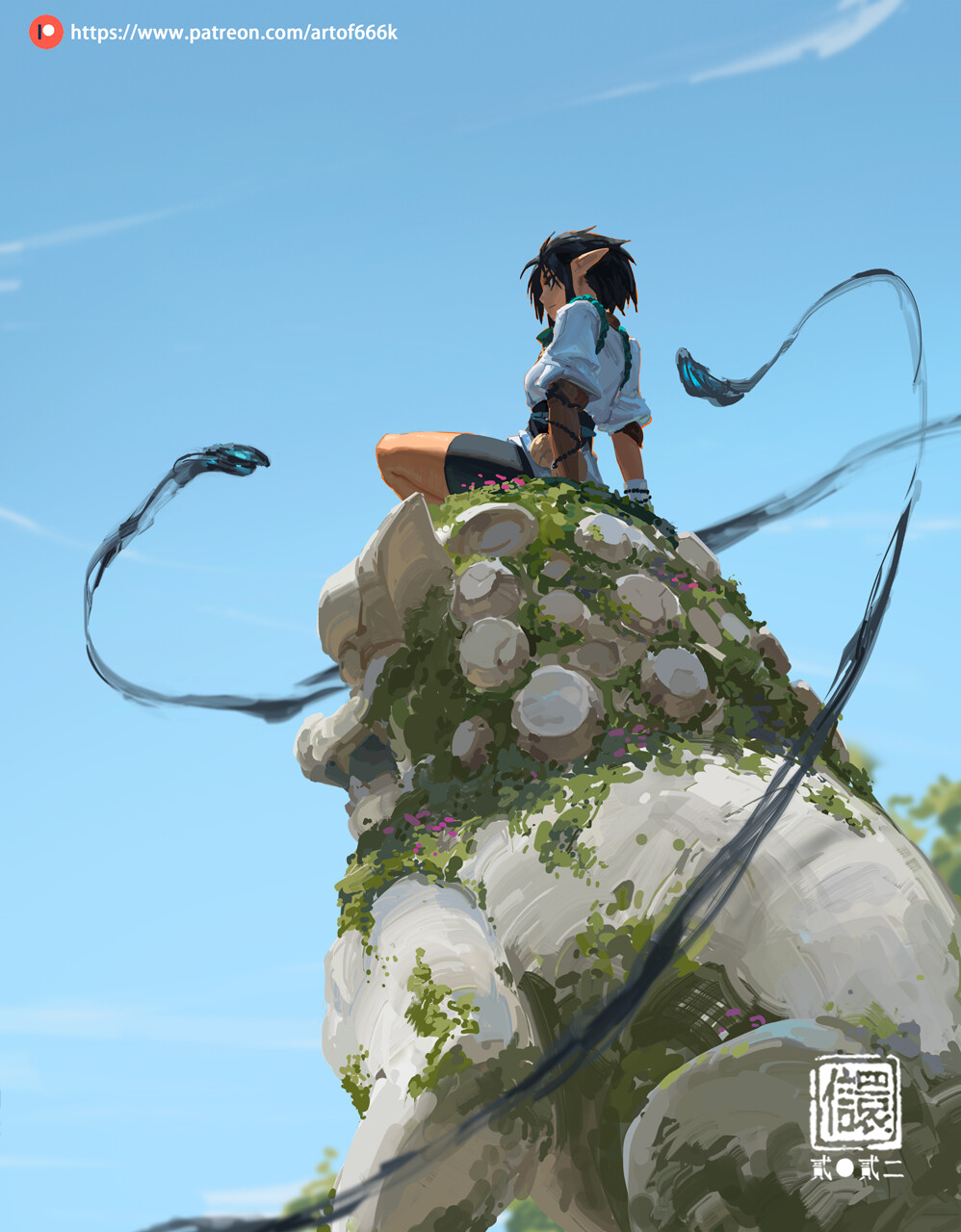 1girl arm_support black_hair black_shorts day from_below from_side full_body grass highres indian_style kan_liu_(666k) on_rock original outdoors patreon_username pointy_ears profile robe rock seal_impression short_hair short_sleeves shorts sidelocks signature sitting sky solo white_robe