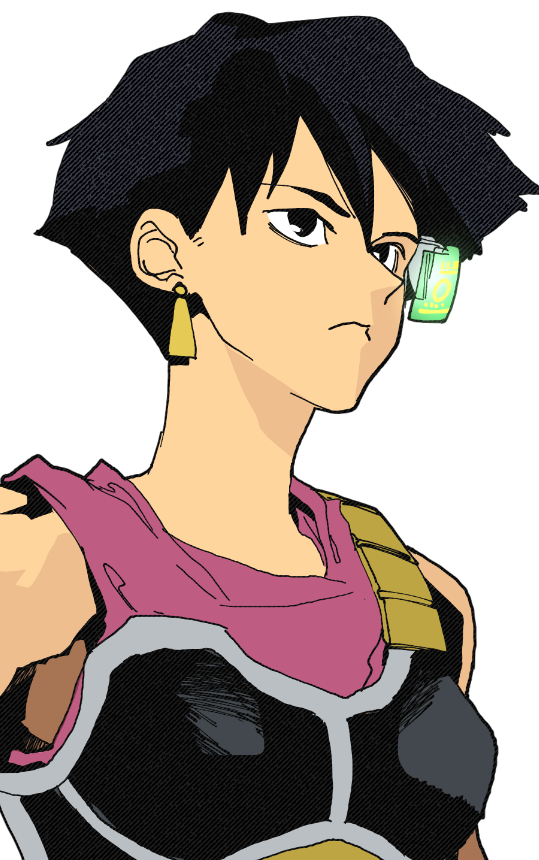 1girl bare_shoulders black_eyes black_hair breasts chest_armor dangle_earrings dragon_ball dragon_ball_z earrings from_side hair_between_eyes isaacchief300 jewelry looking_to_the_side pink_tank_top saiyan_armor scouter seripa short_hair simple_background small_breasts solo tank_top unmoving_pattern upper_body white_background