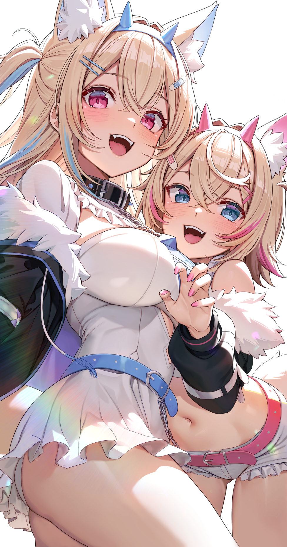 2girls animal_ear_fluff animal_ears ass bandaid bandaid_hair_ornament belt belt_collar black_collar blonde_hair blue_eyes blue_hair breasts claw_pose collar colored_inner_animal_ears cropped_shirt dog_ears dog_girl dog_tail dress fangs frilled_shorts frills fur-trimmed_jacket fur_trim fuwawa_abyssgard fuwawa_abyssgard_(1st_costume) hair_between_eyes hair_ornament hairband headband highres hololive hololive_english horn_hairband jacket large_breasts long_hair mococo_abyssgard mococo_abyssgard_(1st_costume) multicolored_hair multiple_girls one_side_up open_mouth pink_eyes pink_hair pink_hairband pink_headband saruei shorts siblings sisters streaked_hair tail twins virtual_youtuber white_dress x_hair_ornament