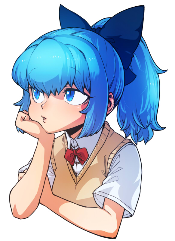 alternate_costume alternate_hairstyle blue_eyes blue_hair bow cirno hair_bow ponytail school_uniform short_sleeves simple_background solo space_jin sweater_vest touhou upper_body white_background