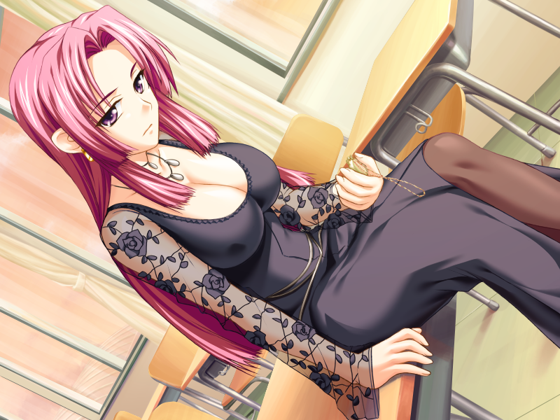 1girl breasts chair classroom cleavage collar curtains desk dress earrings game_cg highres jewelry large_breasts long_hair ooeyama_inori pantyhose pink_hair purple_eyes serious shironeko_sanbou sitting solo tsuyokiss window