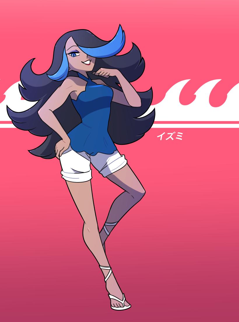 1girl alternate_costume bare_arms black_hair blue_eyes breasts character_name commission dark-skinned_female dark_skin eyeshadow full_body hair_over_one_eye makeup pokemon pokemon_oras red_background red_lips shelly_(pokemon) shorts solo team_aqua teeth vergolophus white_shorts