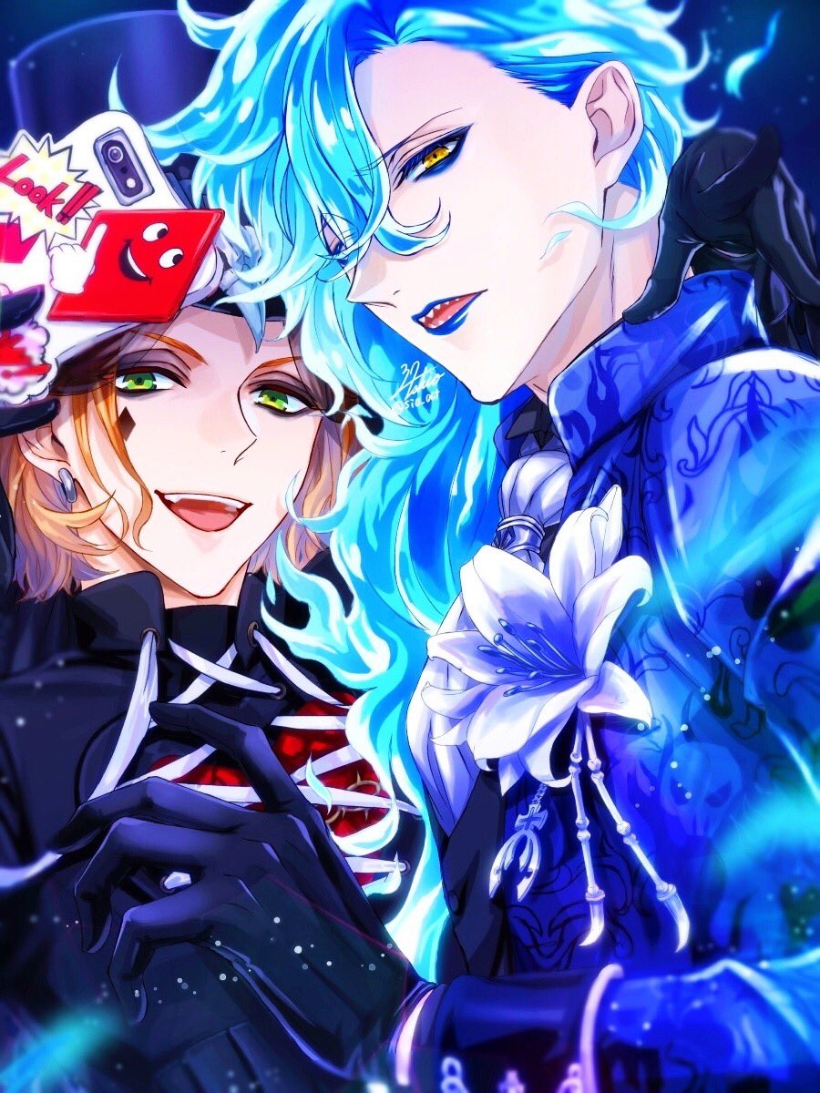 2boys abstract_background black_eyeshadow black_gloves black_jacket blue_background blue_eyeshadow blue_hair blue_jacket blue_lips cater_diamond cellphone cellphone_charm charm_(object) commentary_request diamond_facial_mark eyeshadow facial_mark fiery_hair flower gloves green_eyes highres holding holding_phone idia_shroud jacket lily_(flower) lipstick long_hair makeup male_focus multiple_boys okurabaakaa open_mouth orange_hair phone short_hair signature taking_picture teeth twisted_wonderland twitter_username upper_body upper_teeth_only white_flower yellow_eyes
