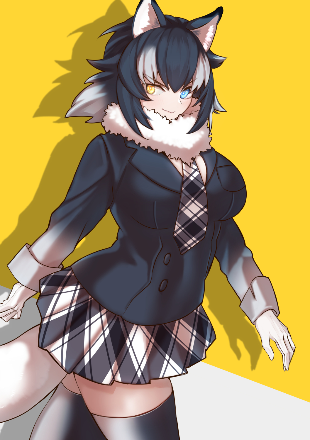 1girl a888_n22 animal_ears black_hair blue_eyes extra_ears gloves grey_wolf_(kemono_friends) heterochromia highres jacket kemono_friends kemono_friends_3 long_hair looking_at_viewer necktie scarf simple_background skirt solo tail thighhighs wolf_ears wolf_girl wolf_tail yellow_background yellow_eyes