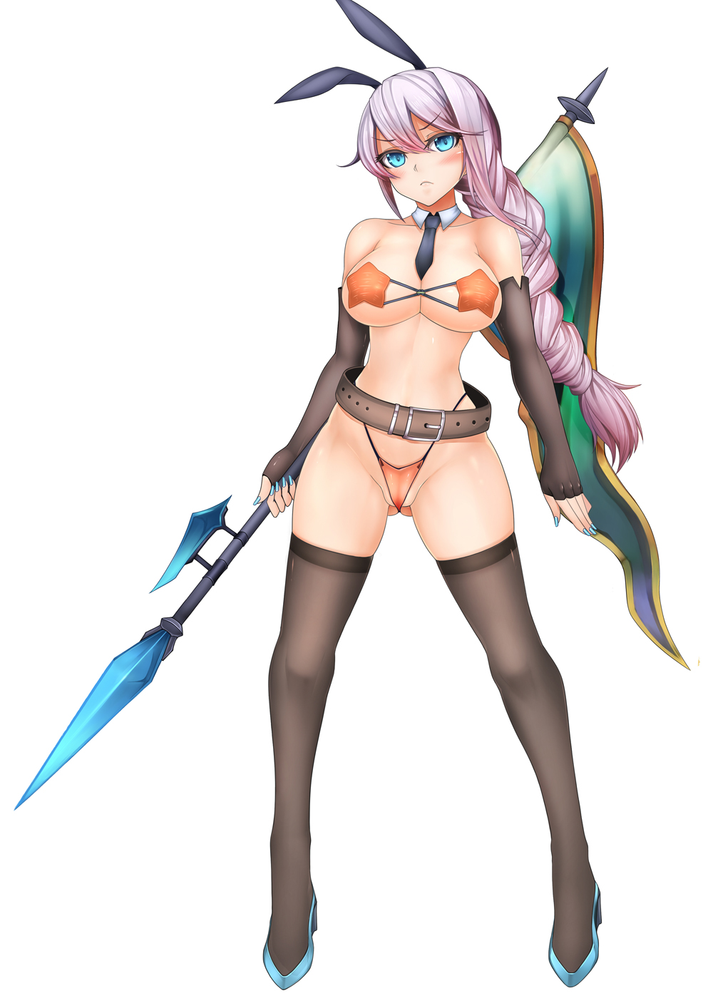 armor belt between_breasts bikini blue_eyes blush braid breasts cleavage collar detached_collar fingerless_gloves flag frown full_body gloves groin hair_ornament high_heels highres large_breasts long_hair nail_polish necktie oni-noboru original partially_visible_vulva pasties pink_hair polearm solo spear star_pasties swimsuit thighhighs underboob weapon