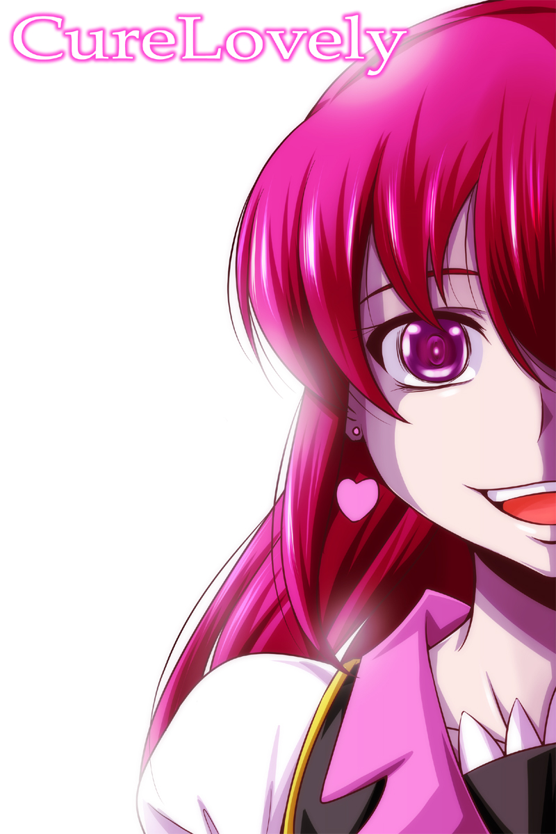 aino_megumi character_name cure_lovely earrings english happinesscharge_precure! highres jewelry long_hair looking_at_viewer magical_girl nishi_koutarou open_mouth out_of_frame pink_eyes pink_hair ponytail portrait precure puffy_sleeves shirt simple_background smile solo white_background