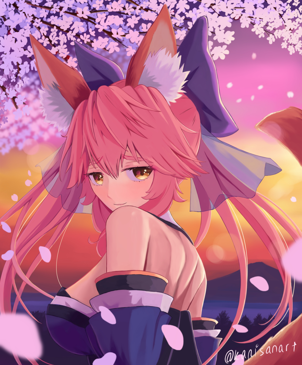 1girl animal_ear_fluff animal_ears bare_shoulders blue_kimono blue_ribbon bow breasts cherry_blossoms closed_mouth detached_sleeves fate/grand_order fate_(series) fox_ears fox_girl fox_tail hair_between_eyes hair_bow hair_ribbon highres japanese_clothes kapi-san kimono large_breasts long_hair looking_at_viewer looking_to_the_side pink_hair ribbon smile solo split_ponytail tail tamamo_(fate) tamamo_no_mae_(fate/extra) twilight yellow_eyes