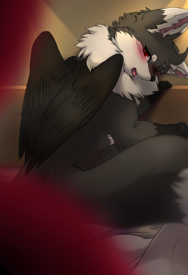 black_feathers black_fur black_nose blush canine chest_tuft convenient_censorship eyelashes feathers fox fur ingi looking_at_viewer looking_back mammal open_mouth paws red_eyes sitting solo tongue tuft white_fur wings