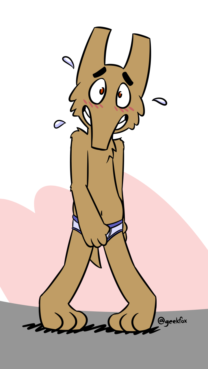 anthro barefoot blush bodily_fluids briefs briefs_only brown_body brown_fur clothed clothing covering covering_crotch detailed_background embarrassed eyebrows feet fur geekfox hi_res male navel open_mouth pink_background red_eyes shadow signature simple_background solo sweat teeth_showing thick_eyebrows topless underwear underwear_only wheeler_(goronic) white_background
