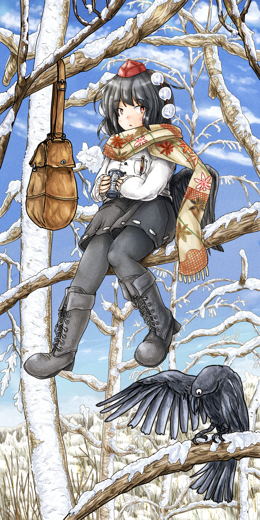 1girl alternate_costume bag bare_tree bird bird_wings black_hair black_pantyhose black_wings boots cloud cross-laced_footwear crow day full_body hat highres holding in_tree long_sleeves outdoors pantyhose pom_pom_(clothes) red_eyes red_headwear scarf shameimaru_aya short_hair sitting skirt sky snow solo tokin_hat touhou tree wings winter winter_clothes ys_(ytoskyoku-57)