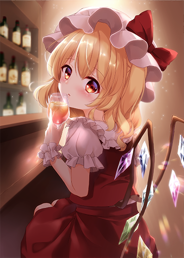 1girl bar_(place) blush bottle bow collared_shirt cowboy_shot crystal cup flandre_scarlet frilled_shirt_collar frills from_side glass_teacup hat hat_bow head_tilt holding holding_cup indoors looking_at_viewer looking_to_the_side mob_cap multicolored_wings mumu-crown puffy_short_sleeves puffy_sleeves red_bow red_eyes red_skirt red_vest shirt short_sleeves sitting skirt skirt_set solo touhou vest white_headwear white_shirt wine_bottle wings wrist_cuffs