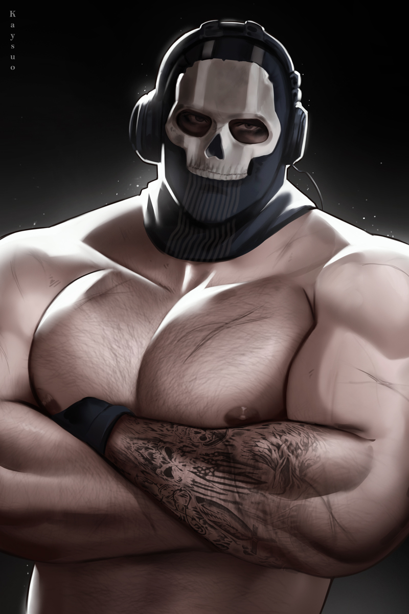 1boy arm_tattoo artist_name bara black_gloves call_of_duty call_of_duty:_modern_warfare_2 crossed_arms ghost_(modern_warfare_2) gloves headphones highres kaysuoae large_pectorals looking_at_viewer male_focus mask muscular muscular_male nipples pectorals scar scar_on_arm scar_on_chest skull_mask solo tattoo upper_body