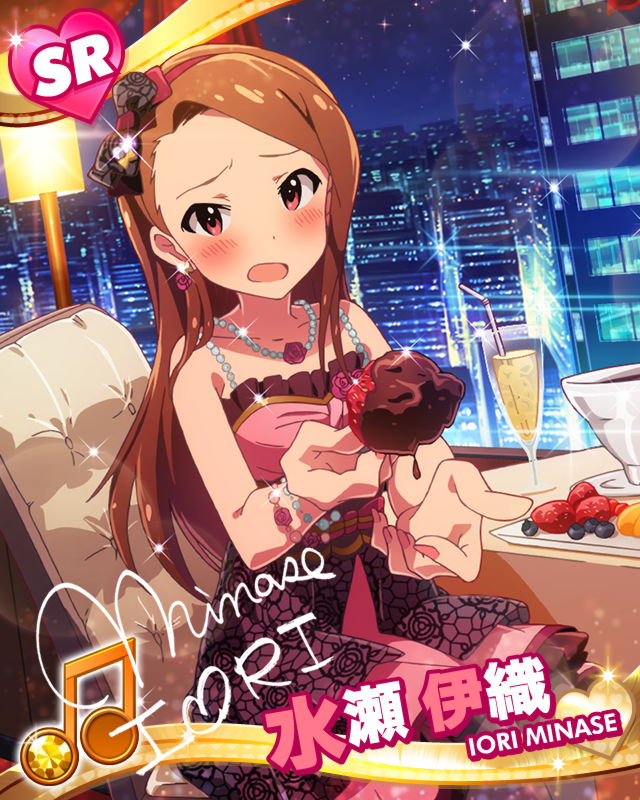 alcohol beamed_eighth_notes blush bracelet brown_eyes brown_hair card_(medium) champagne character_name character_signature chocolate chocolate_covered city city_lights cityscape d: dress earrings feeding food foreshortening fruit headband idolmaster idolmaster_(classic) idolmaster_million_live! jewelry long_hair minase_iori musical_note necklace official_art open_mouth pantyhose strawberry