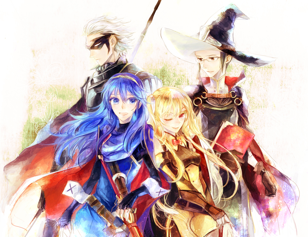 2girls armor bad_id bad_pixiv_id black_hair blonde_hair blue_eyes blue_hair cape falchion_(fire_emblem) fingerless_gloves fire_emblem fire_emblem:_kakusei glasses gloves jerome_(fire_emblem) kuzumosu laurent long_hair lucina mask multiple_boys multiple_girls open_mouth selena_(fire_emblem) short_hair smile sword tiara twintails weapon white_hair