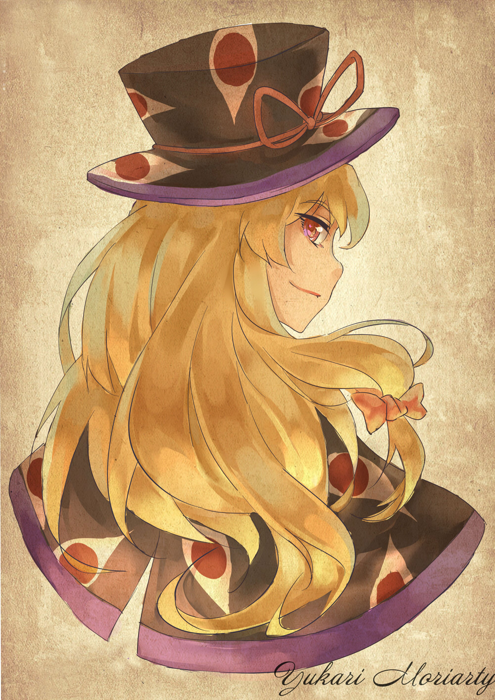 alternate_costume blonde_hair bow cape character_name grin hair_bow hat highres james_moriarty long_hair looking_back norizc pink_eyes smile solo the_adventures_of_sherlock_holmes top_hat touhou upper_body yakumo_yukari