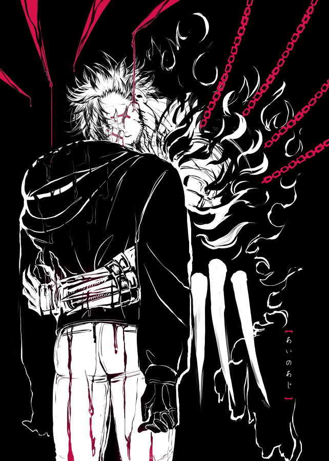 2boys aikawa_(dorohedoro) blonde_hair blood blood_on_clothes chain chained climaxmukr colored_tips couple crying death demon_boy disappear dorohedoro extra_eyes facial_mark greyscale headless hug impaled male_focus monochrome mourning multicolored_hair multiple_boys no_eyebrows risu_(dorohedoro) spoilers spot_color yaoi