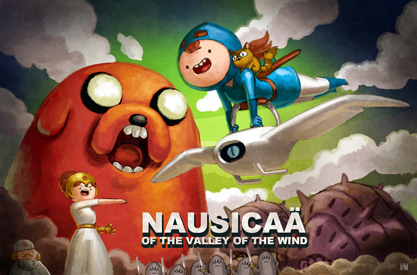 2boys 2girls 6+others adventure_time aircraft artist_logo belt brown_hair cloud cloudy_sky copyright_name crossover dress finn_the_human flying fmu glider green_sky jake_the_dog kaze_no_tani_no_nausicaa kurotowa kushana multiple_boys multiple_girls multiple_others nausicaa no_nose ohmu open_mouth sky teeth teto_(nausicaa) tiara upper_teeth_only v-shaped_eyebrows white_dress