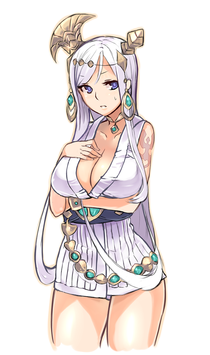blue_eyes blush breast_hold breasts cleavage collarbone cowboy_shot dragon_nest dress ganesagi gem hand_on_own_chest headpiece highres jewelry large_breasts long_hair looking_at_viewer lunaria_(dragon_nest) obi open_mouth sash simple_background solo standing thighs tsurime underbust white_background white_dress white_hair