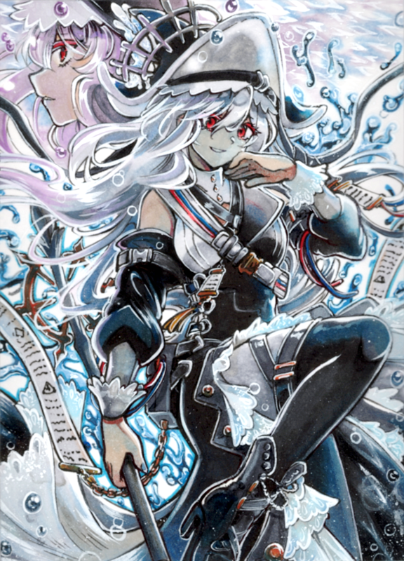 air_bubble alternate_form arknights belt_buckle black_dress black_footwear boots bubble buckle dress grey_hair hanging_scroll hat high_heel_boots high_heels long_hair looking_at_viewer pantyhose pirate_hat pointy_hat puffy_sleeves red_eyes ribbon scroll shoulder_strap specter_(arknights) specter_the_unchained_(arknights) thigh_strap thighhighs thighhighs_over_pantyhose traditional_media underwear very_long_hair