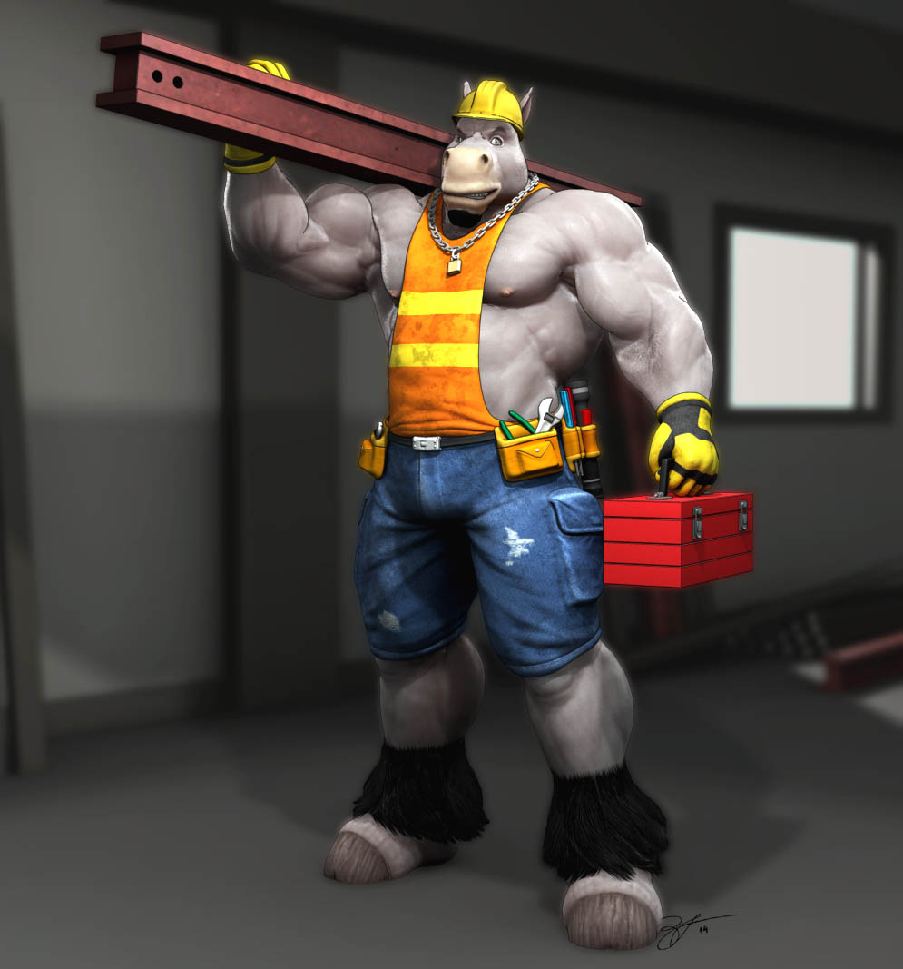 3d abs anthro biceps big_muscles braford bulge cgi chubby clenched_teeth clothing construction_worker equine facial_hair gloves goatee grey_skin helmet hooves horse male mammal musclegut muscles necklace nipples pecs pose shirt shorts solo standing teeth toned toolbox vein vest