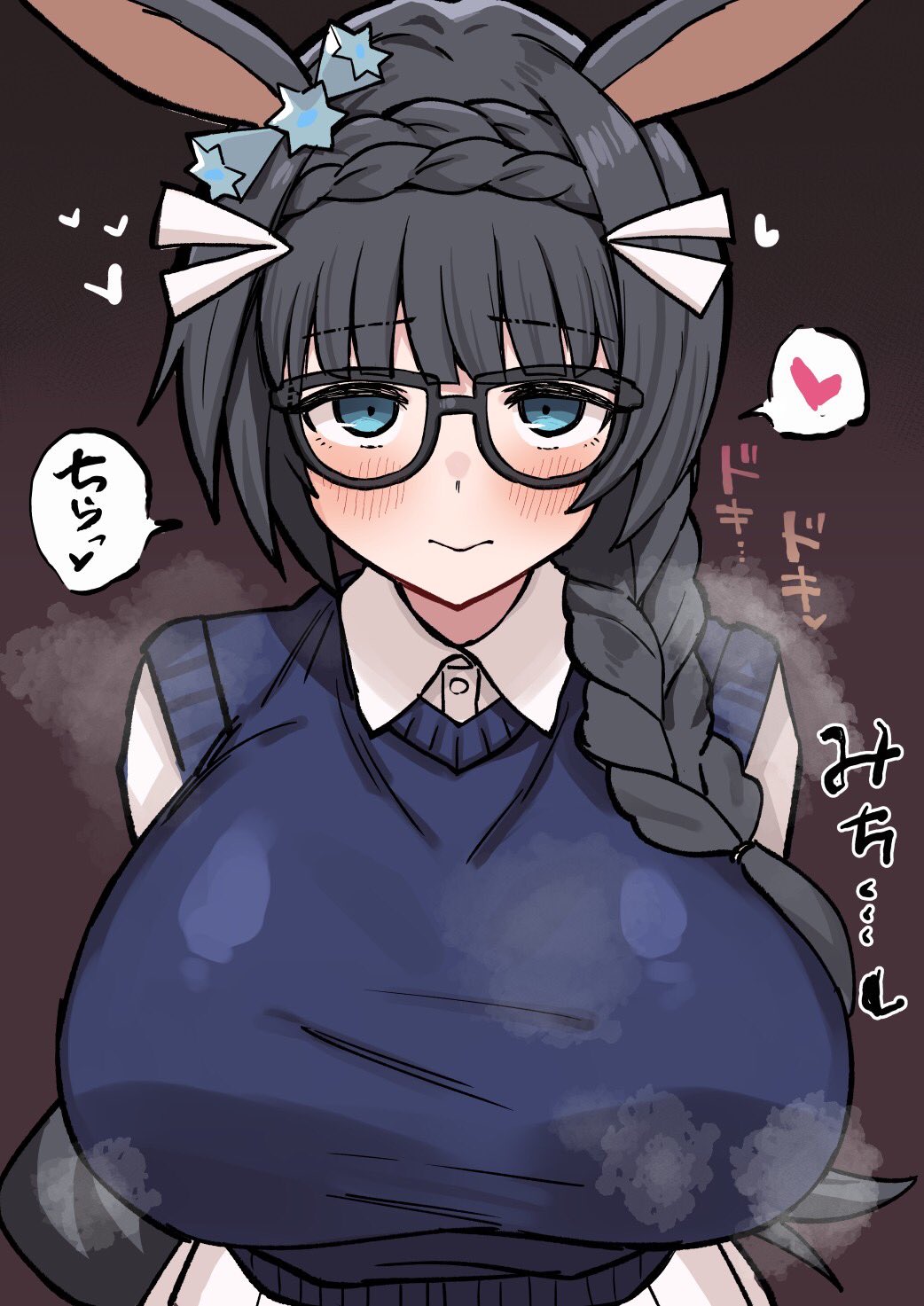 1girl animal_ears black-framed_eyewear black_hair blue_eyes blue_sweater blush braid breasts closed_mouth collared_shirt crown_braid ear_ornament ear_scrunchie glasses heart highres horse_ears horse_girl large_breasts long_hair long_sleeves looking_at_viewer shimiya_(aokuchi) shirt simple_background skirt sleeveless sleeveless_sweater smile solo solo_focus speech_bubble spoken_heart steam steaming_body sweater umamusume zenno_rob_roy_(umamusume)