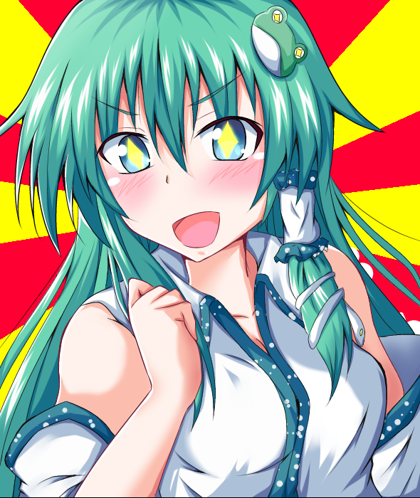 bare_shoulders blush bow detached_sleeves frog_hair_ornament green_eyes green_hair hair_bow hair_ornament kochiya_sanae long_hair naba_(take_tonbo) solo sparkling_eyes touhou