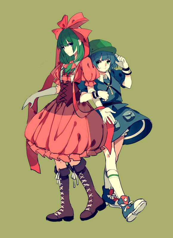 blue_eyes blue_hair boots bow cross-laced_footwear dress elbow_gloves front_ponytail gloves green_background green_eyes green_hair hair_bobbles hair_bow hair_ornament hat kagiyama_hina kawashiro_nitori key knee_boots long_hair looking_at_viewer multiple_girls puffy_sleeves red_dress shoes short_hair short_sleeves short_twintails simple_background skirt skirt_set smile socks tambean touhou twintails two_side_up white_gloves