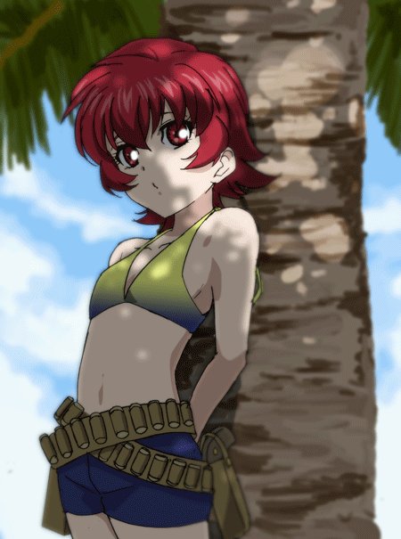 1girl ammunition_belt blue_shorts cloud collarbone fumiko_(mesushi) iria_animi lips looking_at_viewer palm_tree red_eyes red_hair short_hair shorts solo swimsuit tales_of_(series) tales_of_innocence tree