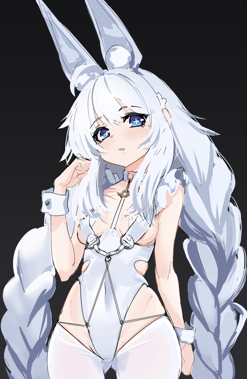 +_+ 1girl animal_ears ass_visible_through_thighs azur_lane black_background blue_eyes braid breasts covered_navel cowboy_shot cross-shaped_pupils fake_animal_ears hand_up highres le_malin_(azur_lane) le_malin_(listless_lapin)_(azur_lane) leotard long_braid long_hair looking_at_viewer nontraditional_playboy_bunny nstch_root_a official_alternate_costume pantyhose parted_lips playboy_bunny rabbit_ears simple_background sketch small_breasts solo symbol-shaped_pupils twin_braids white_hair white_leotard white_pantyhose