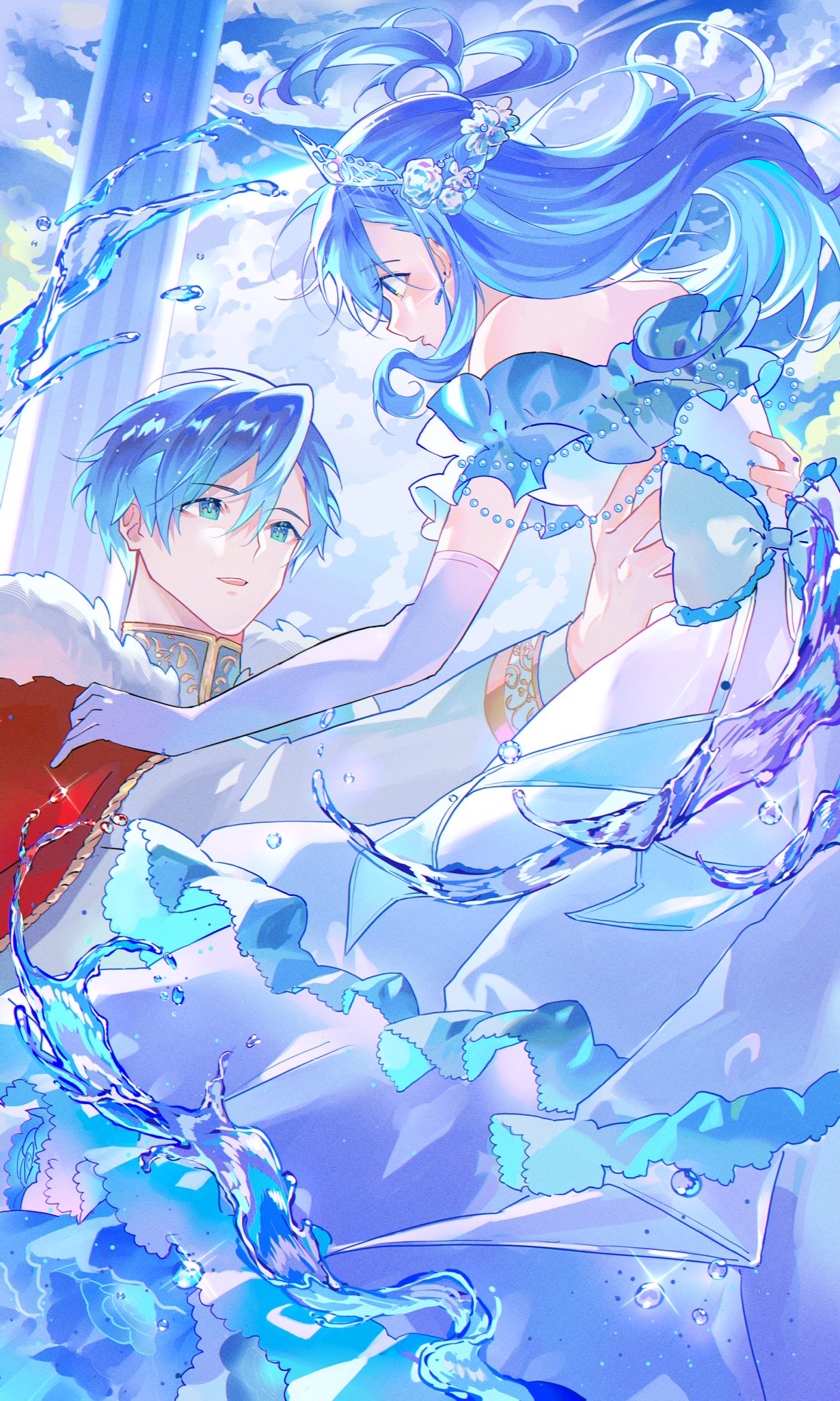 1boy 1girl alternate_costume blue_eyes blue_hair blue_sky brother_and_sister cape cloud dress earrings elbow_gloves english_commentary facing_another frilled_dress frills fur-trimmed_robe fur_trim gloves highres hololive hololive_indonesia holostars holostars_english jewelry kobo_kanaeru lifting_person liquid liquid_hair long_hair looking_at_another moehime red_robe regis_altare robe royal_robe short_hair siblings sky smile suit surprised tiara virtual_youtuber water white_gloves white_hair