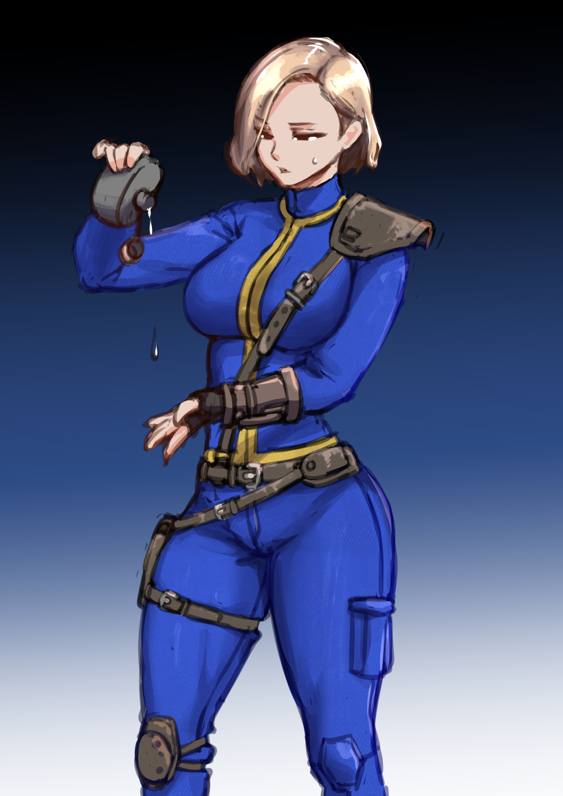 1girl blonde_hair blue_jumpsuit fallout_(series) fallout_3 jumpsuit lone_wanderer non-web_source penett-penett pip_boy simple_background vault_dweller vault_girl vault_suit