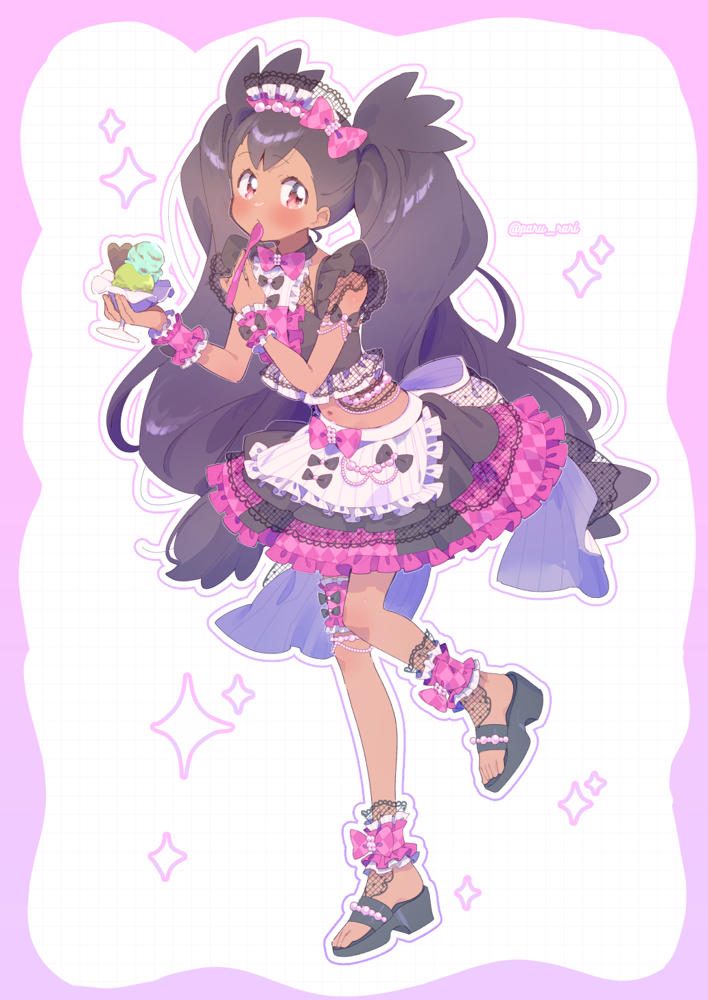 1girl ankle_cuffs apron big_hair black_footwear black_hair black_skirt bow center_frills commentary_request cosplay crop_top cup dark-skinned_female dark_skin frilled_skirt frills full_body hands_up highres holding holding_cup holding_spoon ice_cream_cup iris_(pokemon) kiratto_pri_chan long_hair looking_at_viewer maid maid_headdress midriff paru_rari pink_bow pokemon pokemon_bw pretty_series red_eyes sandals skirt solo spoon standing standing_on_one_leg summer_maid_coord thigh_strap twintails twitter_username unconventional_maid utensil_in_mouth very_long_hair waist_apron waist_bow wrist_cuffs