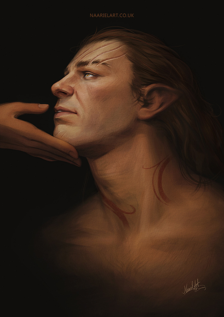 1boy baldur's_gate baldur's_gate_3 bara black_background brown_hair brown_theme cropped_torso dark-skinned_male dark_skin dungeons_and_dragons elf halsin hand_on_another's_chin looking_at_another male_focus mature_male medium_hair naariel_art nude parted_lips pointy_ears profile solo_focus sparse_chest_hair thick_eyebrows