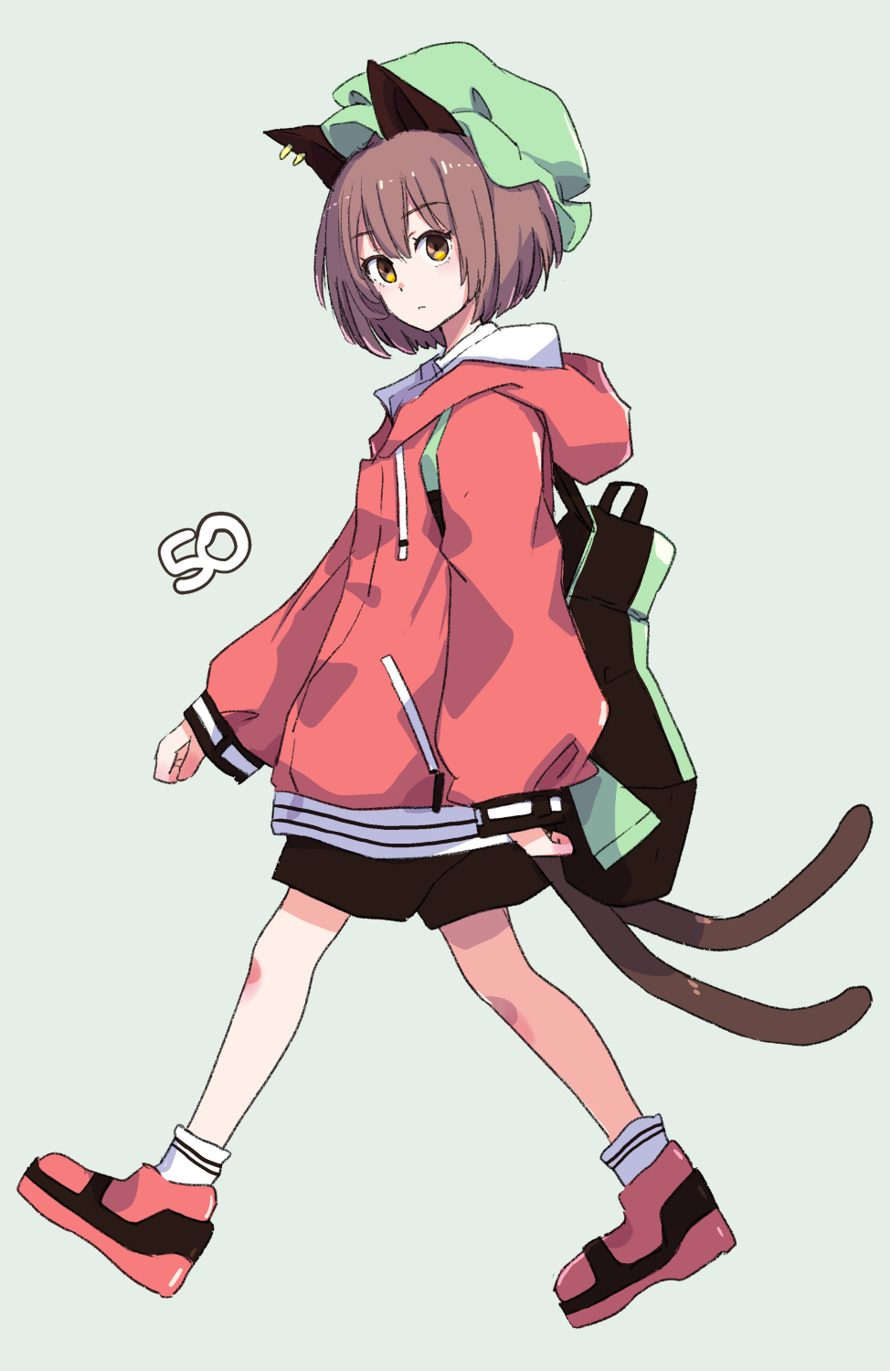 1girl alternate_costume animal_ear_piercing animal_ears backpack bag brown_eyes brown_hair cat_ears cat_tail chen closed_mouth commentary_request double-parted_bangs earrings expressionless from_side full_body green_headwear grey_background hat highres hood hoodie jack_(wkm74959) jewelry long_sleeves looking_at_viewer looking_to_the_side mob_cap multiple_tails nekomata puffy_long_sleeves puffy_sleeves red_hoodie shoes simple_background sneakers solo tail touhou two_tails