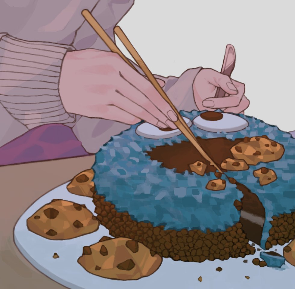 1other ambiguous_gender cake chocolate_chip_cookie chopsticks cookie cookie_monster dessert food food_focus grey_background hnzw_kun holding holding_chopsticks holding_spoon original plate sesame_street solo spoon sweater table wooden_table