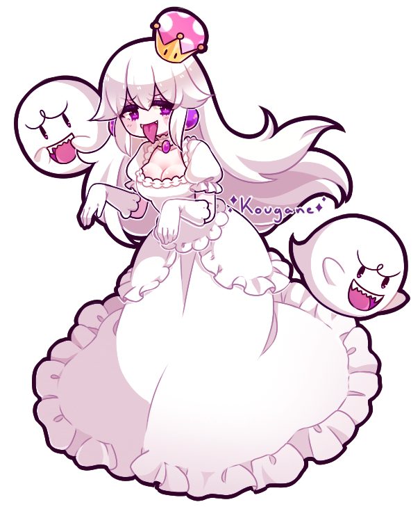 1girl artist_name blush_stickers boo_(mario) breasts choker cleavage collarbone commentary crown dress english_commentary eyelashes fangs frilled_choker frilled_dress frilled_sleeves frills full_body furrowed_brow gem ghost_pose gloves kougane large_breasts long_dress long_hair looking_at_viewer mario_(series) mini_crown new_super_mario_bros._u_deluxe open_mouth pink_headwear polka_dot_headwear princess_king_boo puffy_short_sleeves puffy_sleeves purple_eyes purple_gemstone short_sleeves solo square_neckline super_crown tongue transparent_background upper_body white_choker white_dress white_gloves white_hair white_sleeves